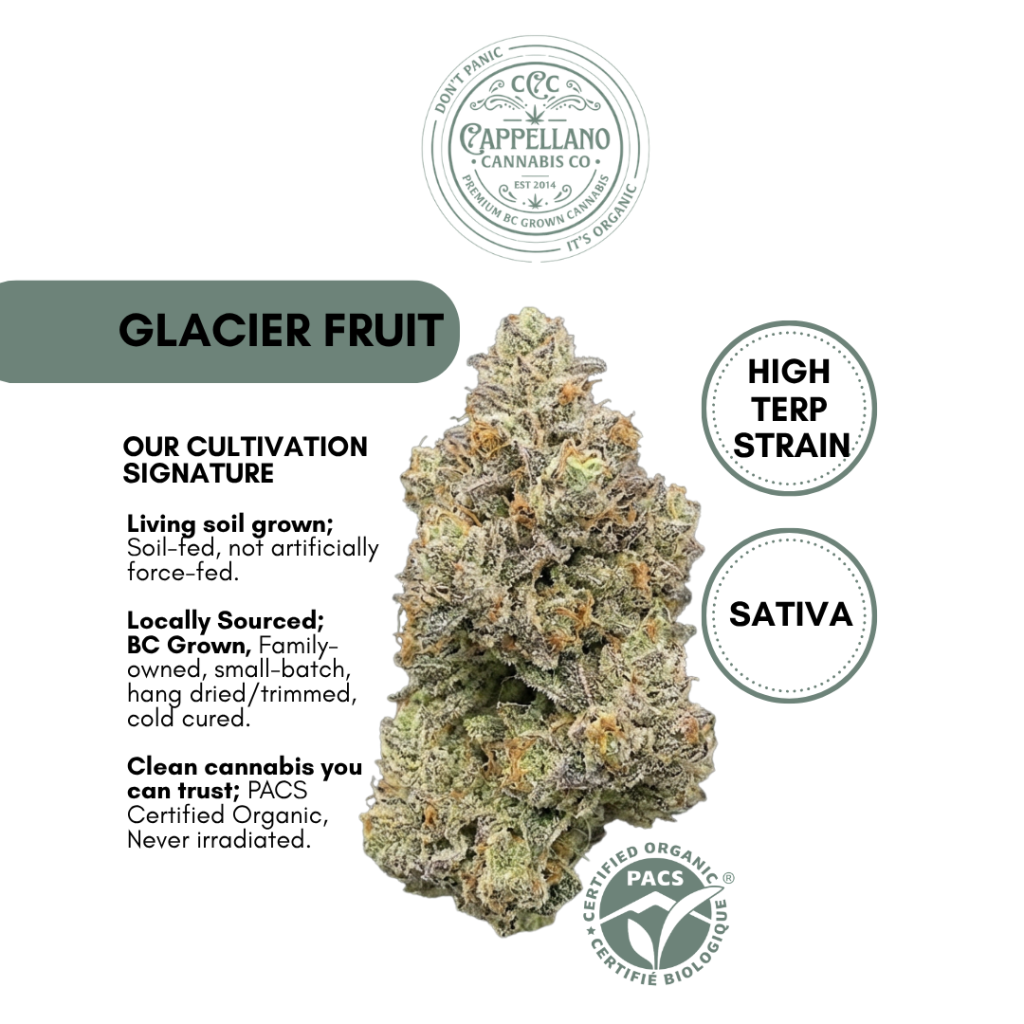 Glacier Fruit product artwork with flower and cultivation details