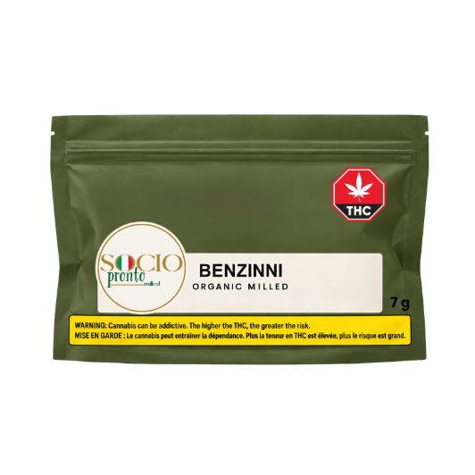 Illustrative olive-green SOCIO Benzinni 7 g resealable pouch